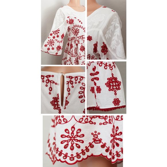 White Red Eyelet Embroidery 100% Cotton Cute Dress - Picture 5 of 10